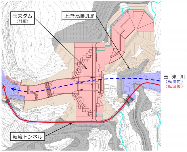 【説明図】川が流れていると工事ができないので、工事のじゃまにならない場所にバイパストンネルを掘り、川の流れを切り替えます