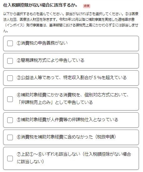 電子申請システム入力画面 仕入税額控除がない事情
