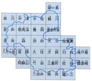 大分県地図を２８に区切った土地分類基本調査区域図