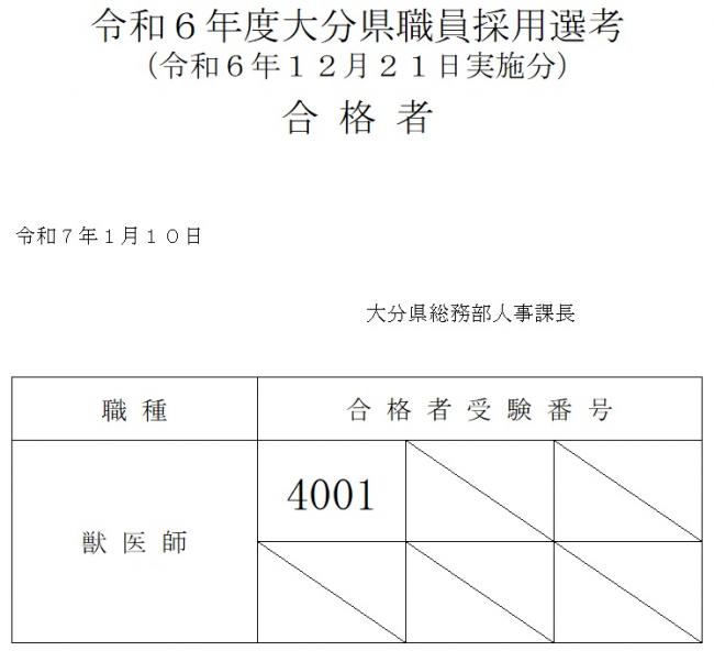 令和６年度大分県職員採用選考（獣医師）最終合格者