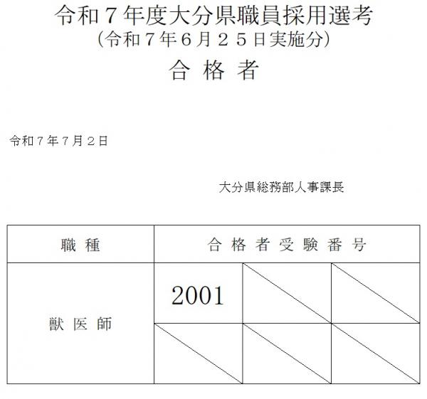 令和７年度大分県職員採用選考（獣医師）合格者