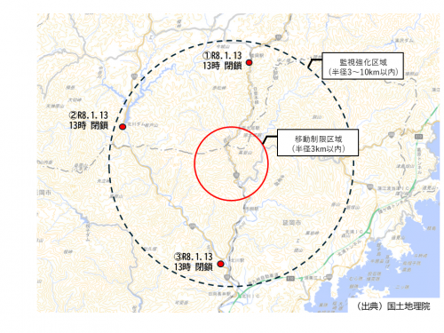 移動制限区域、監視強化区域、消毒ポイントの閉鎖